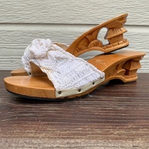 Women’s White Slip-On Sandals Carved Wood Heels